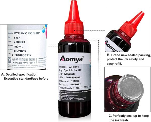 Aomya Ink Refill Kit 100ml for HP 61 60 62 63 564 920 901 902 932 933 934 940 950 951 952 94 95 96 Inkjet Printer Cartridges Refillable Ink